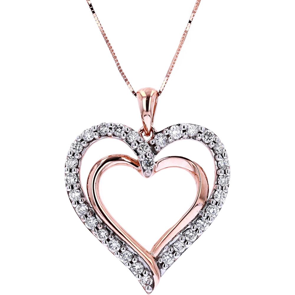10K Rose Gold Heart Pendant with 0.75 Carat Total Weight Diamonds