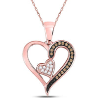 10K Rose Gold Heart Pendant with Prong-Set Brown Diamonds and Pavé White Diamonds - 1/10 Carat Total Diamond Weight
