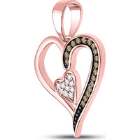 10K Rose Gold Heart Pendant with Prong-Set Brown Diamonds and Pavé White Diamonds - 1/10 Carat Total Diamond Weight