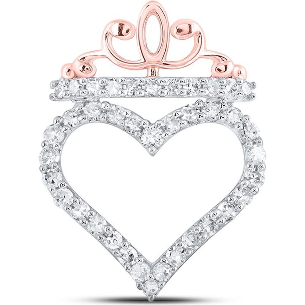 10K Rose Gold Heart Pendant with Prong-Set Round Diamonds and Crown Motif - 0.25 Carat Total Diamond Weight