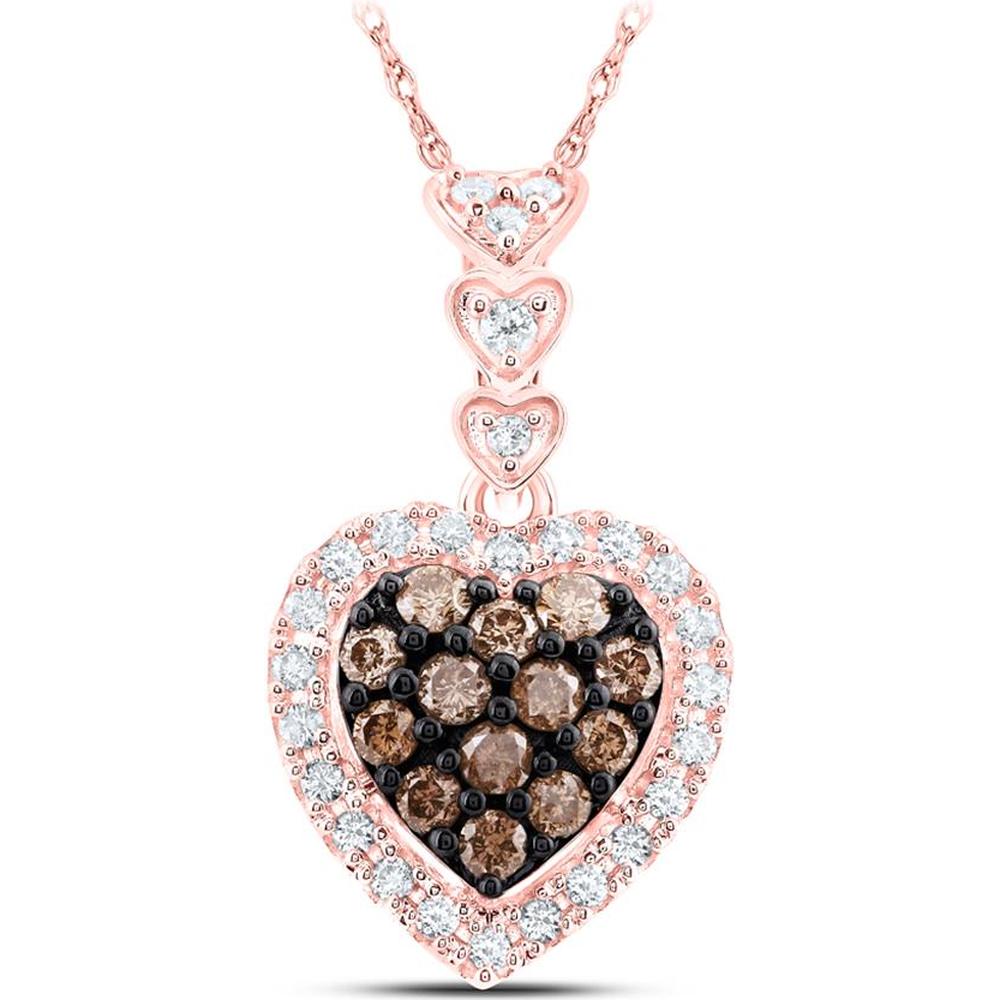 10K Rose Gold Heart Pendant with Round Brown and White Diamonds - 1/2 Carat Total Diamond Weight