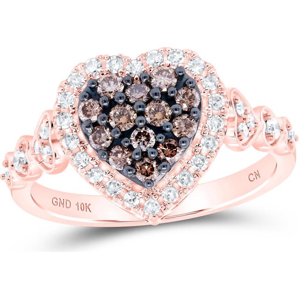 10K Rose Gold Heart Ring with Round Brown Diamonds - 1/2 Carat Total Diamond Weight