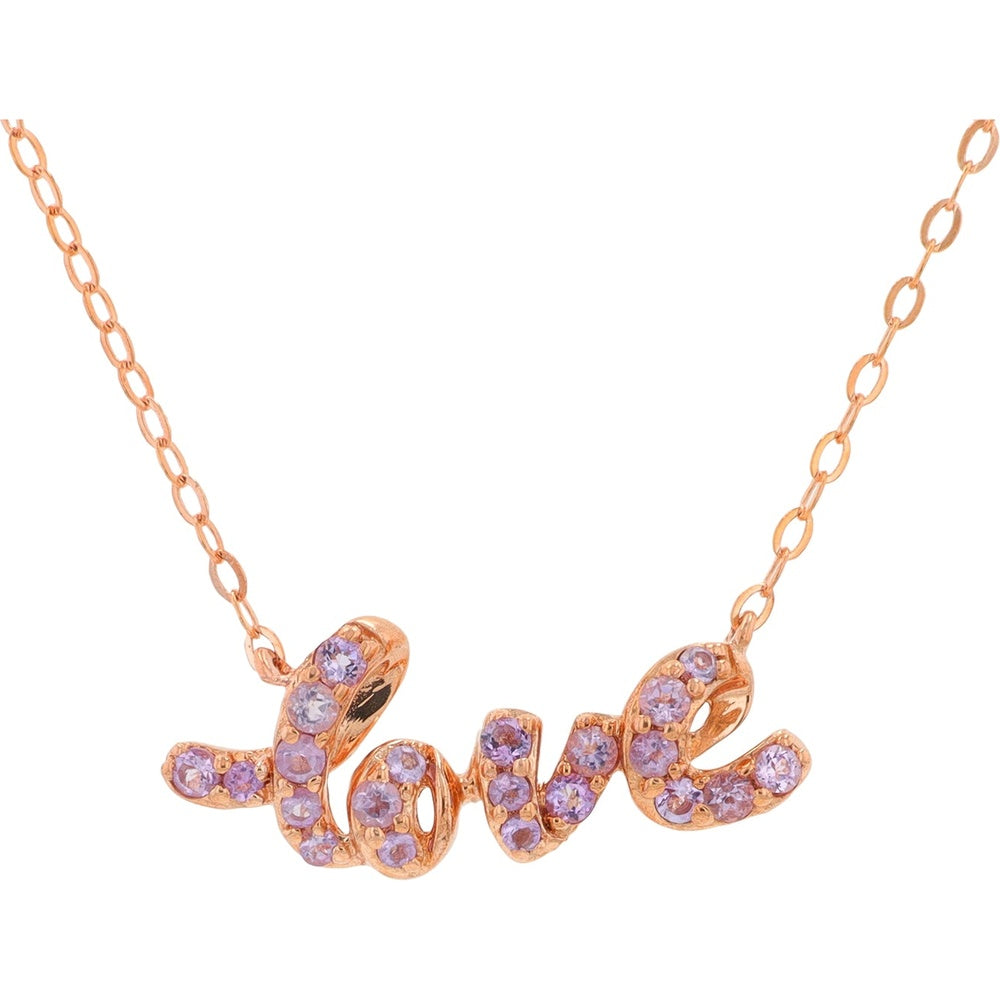10K Rose Gold "LOVE" Script Pendant Necklace with Bezel-Set Round Amethysts