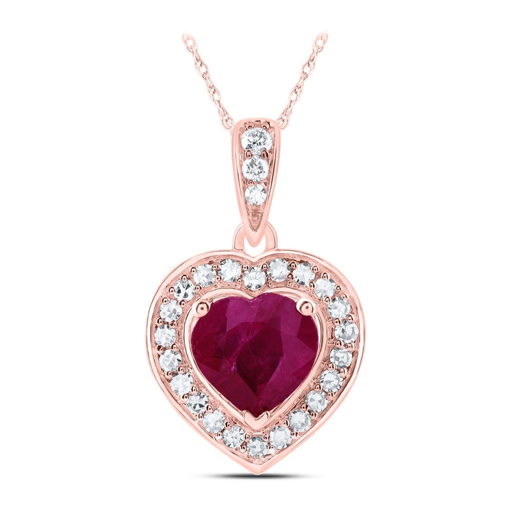 10K Rose Gold Natural Diamond 5.5X5.5 mm Ruby Heart Heart Pendant - 7/8 Carat Total Gemstone Weight