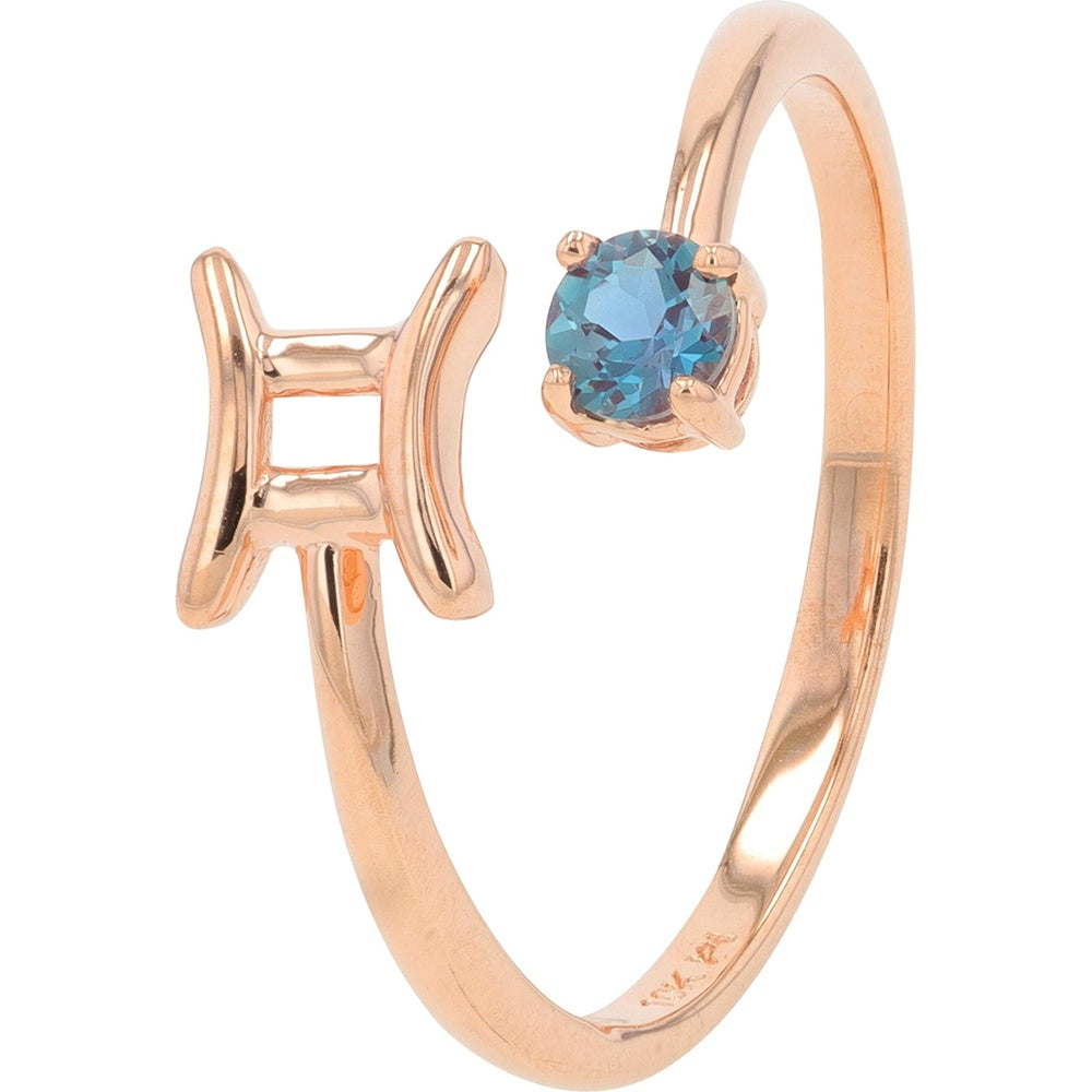 10K Rose Gold Open Shank Gemini Zodiac Ring with Round Created Alexandrite Gemstone