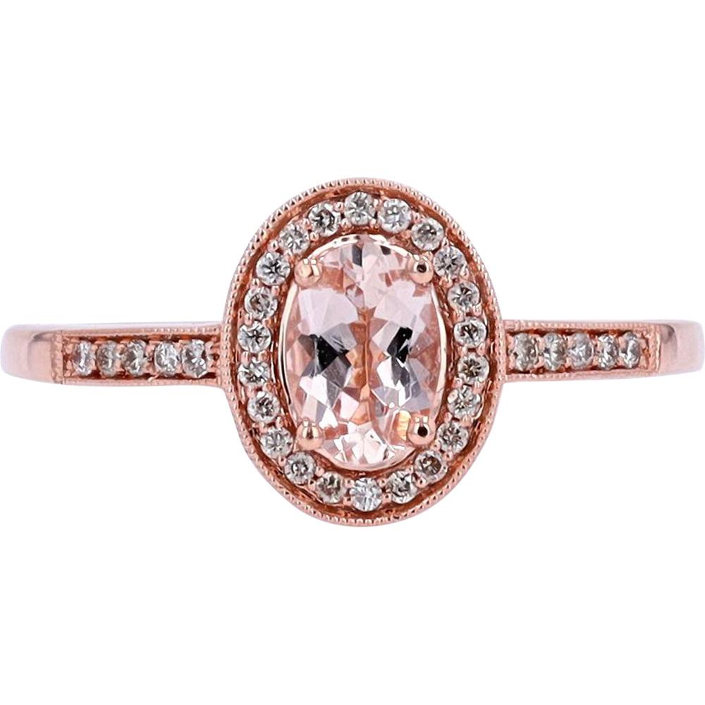 10K Rose Gold Oval Morganite Ring with Diamond Halo - 0.40 Carats Morganite, 0.11 Carats Diamond