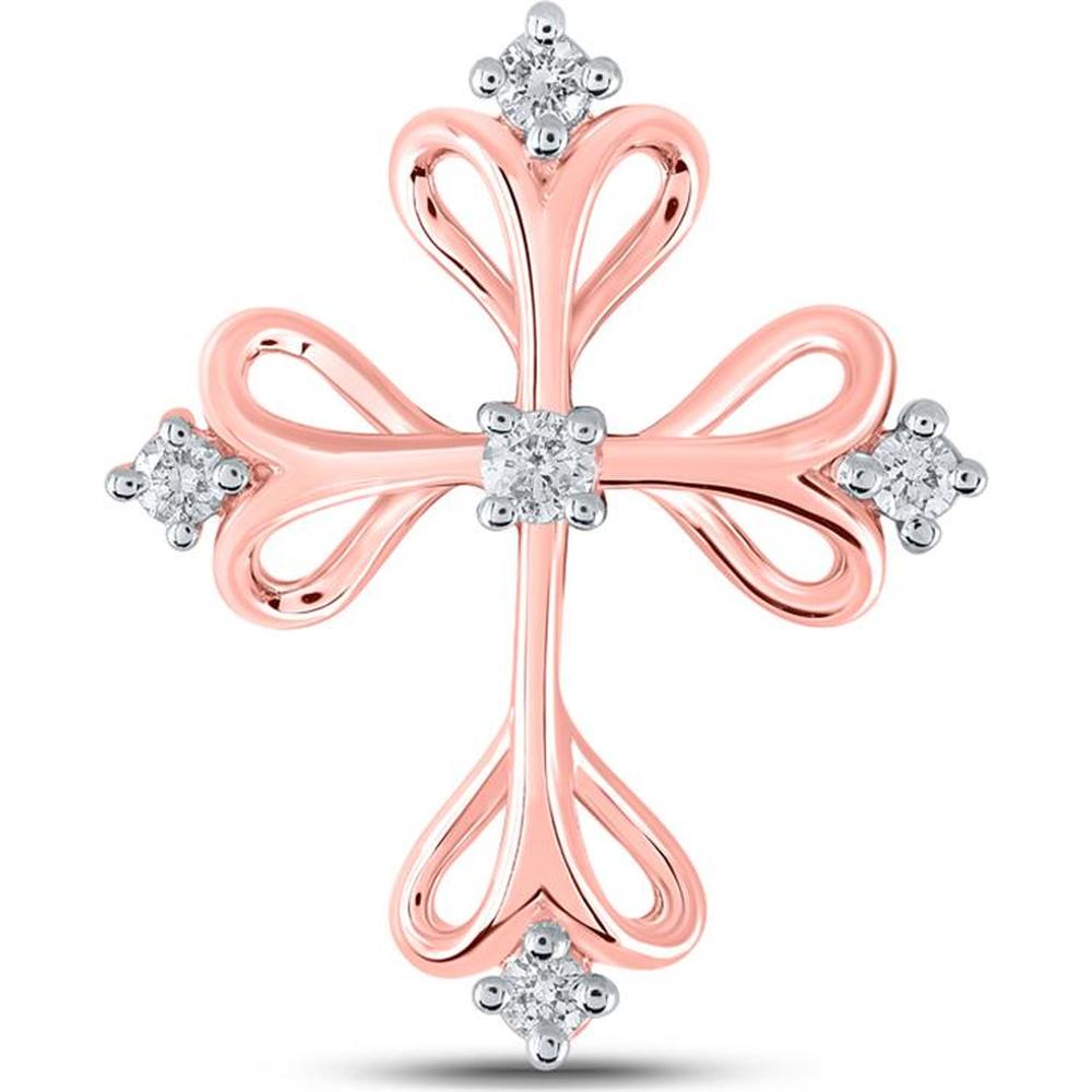 10K Rose Gold Pendant with Prong-Set Round Diamonds in Cross Design - 1/8 Carat Total Diamond Weight