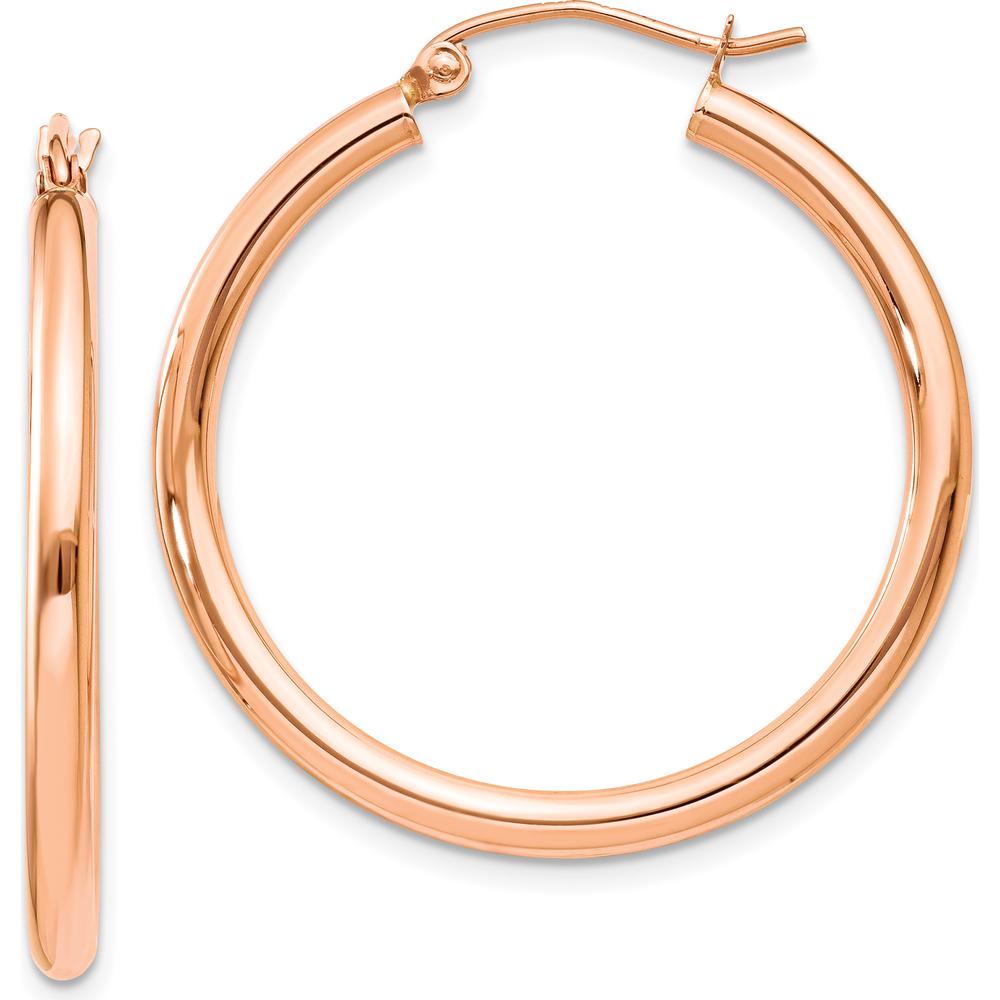 10K Rose Gold Polished 2.5mm Lightweight Tube Hoop Earrings - 30mm Length