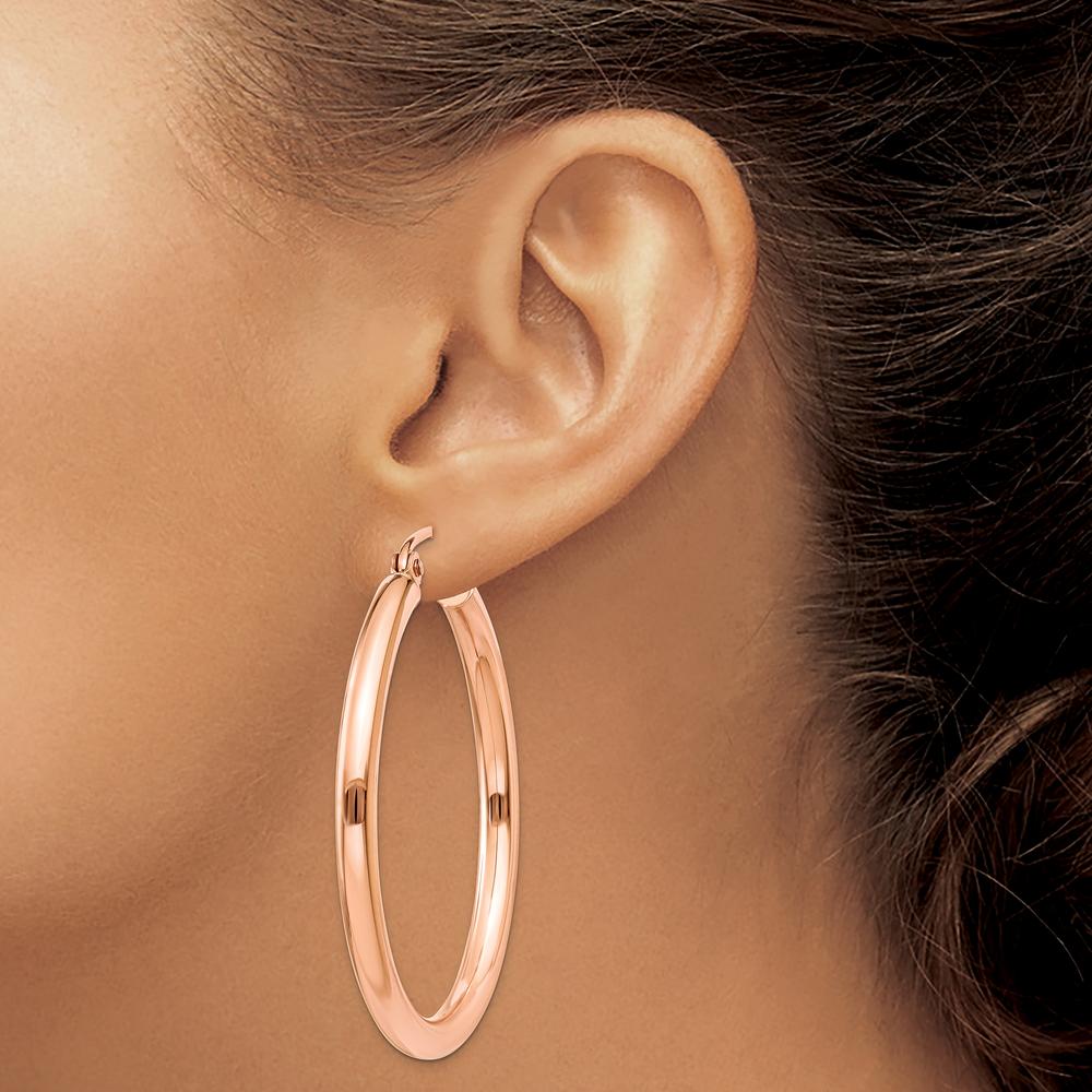 10K Rose Gold Polished 2.5mm Lightweight Tube Hoop Earrings - 30mm Length