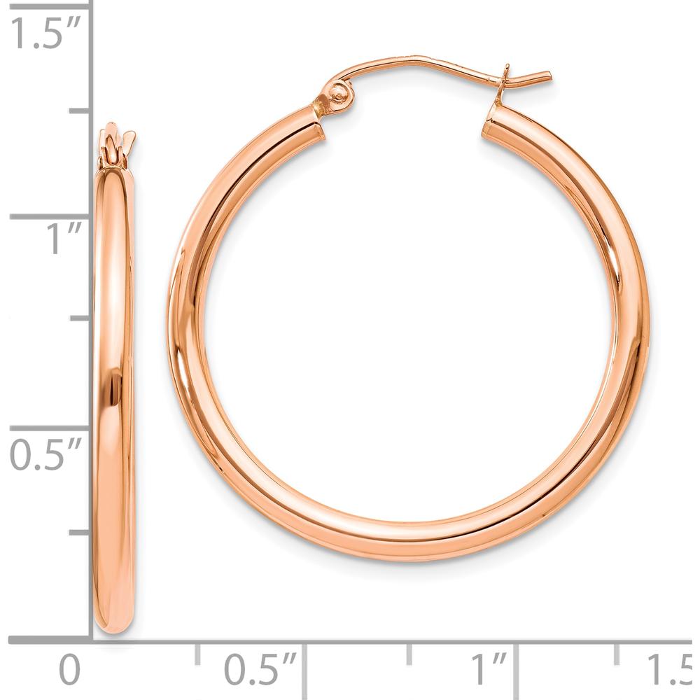 10K Rose Gold Polished 2.5mm Lightweight Tube Hoop Earrings - 30mm Length