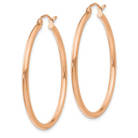 10K Rose Gold Polished 2mm Lightweight Tube Hoop Earrings - 35mm Length