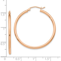 10K Rose Gold Polished 2mm Lightweight Tube Hoop Earrings - 35mm Length