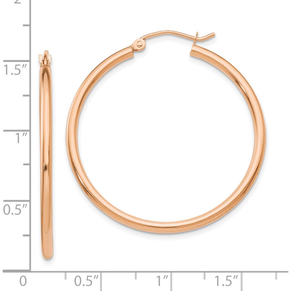 10K Rose Gold Polished 2mm Lightweight Tube Hoop Earrings - 35mm Length
