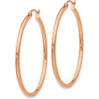 10K Rose Gold Polished 2mm Lightweight Tube Hoop Earrings - 40mm Length