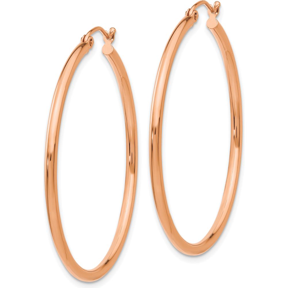10K Rose Gold Polished 2mm Lightweight Tube Hoop Earrings - 40mm Length