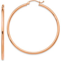 10K Rose Gold Polished 2mm Lightweight Tube Hoop Earrings - 45mm Length
