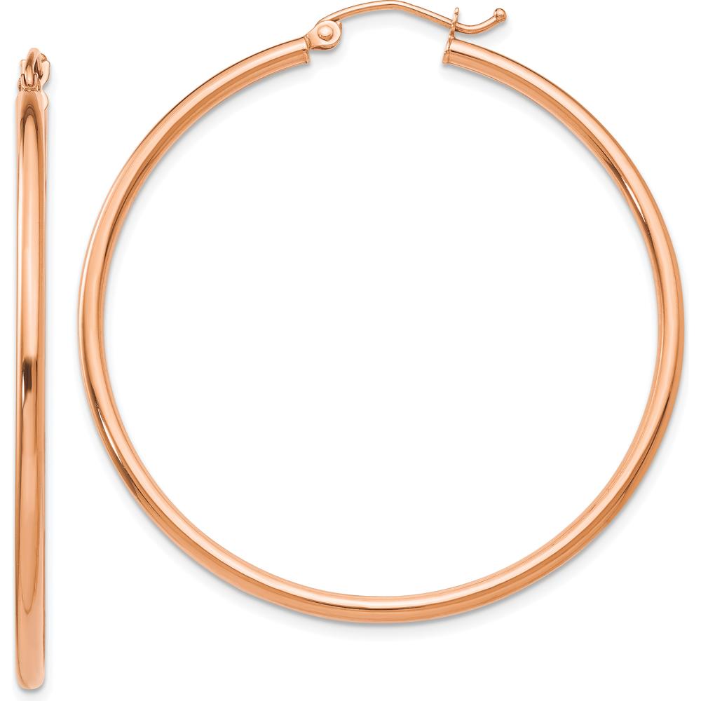 10K Rose Gold Polished 2mm Lightweight Tube Hoop Earrings - 45mm Length