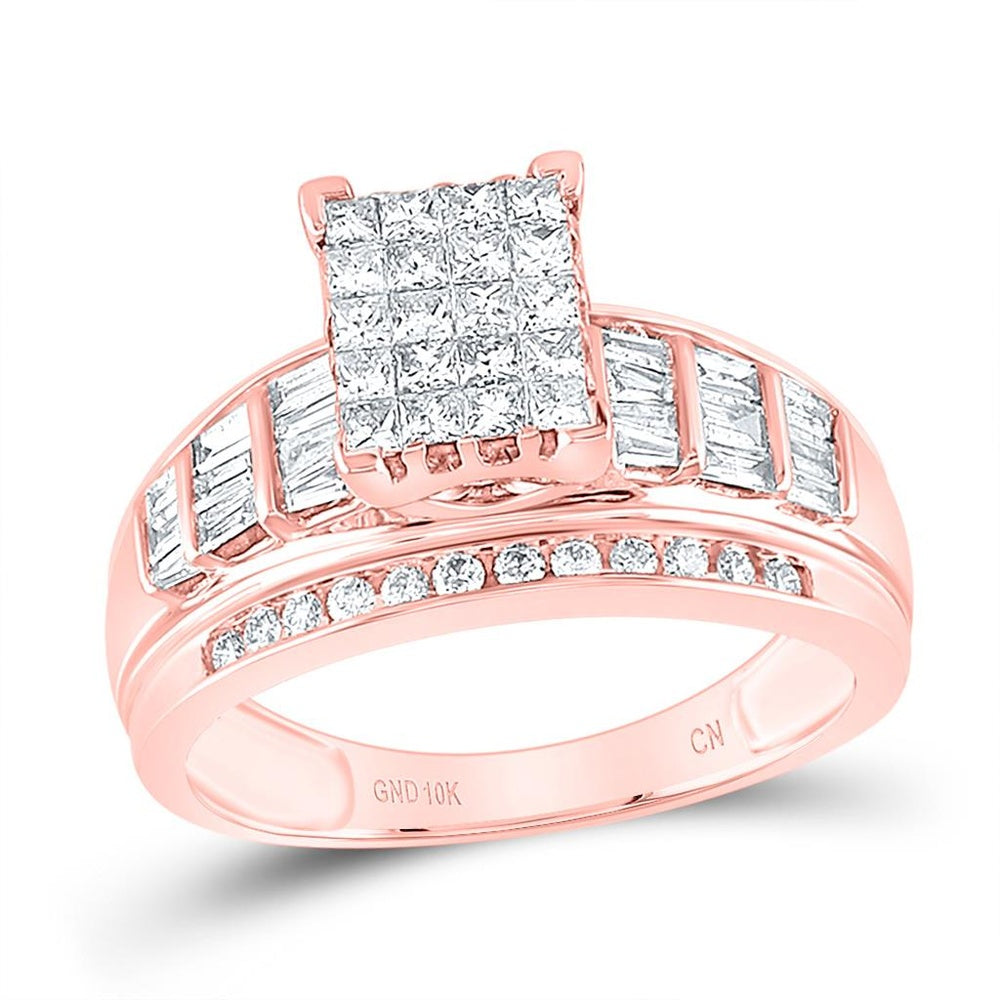 10K Rose Gold Princess Diamond Cluster Bridal Engagement Ring - 1 Carat Total Diamond Weight