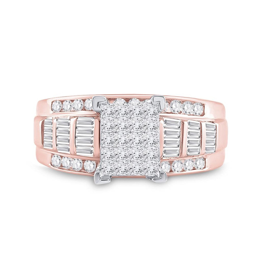 10K Rose Gold Princess Diamond Cluster Bridal Engagement Ring - 1 Carat Total Diamond Weight