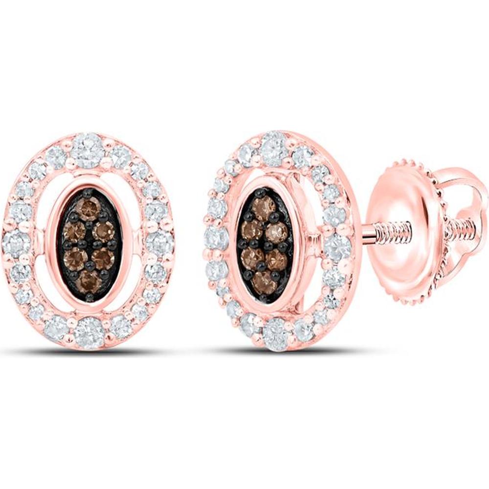 10K Rose Gold Round Brown and White Diamond Oval Earrings - 1/4 Carat Total Diamond Weight