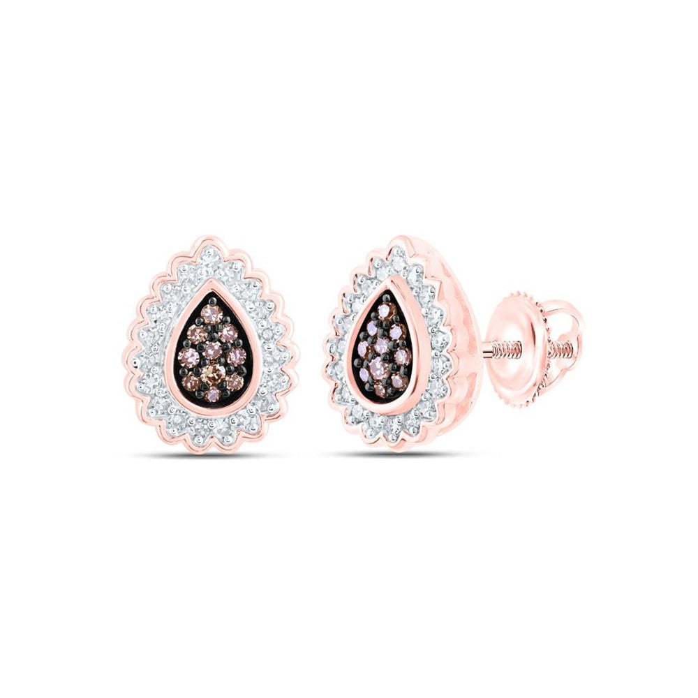 10K Rose Gold Round Brown and White Diamond Stud Earrings - 1/4 Carat Total Diamond Weight