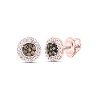10K Rose Gold Round Brown and White Diamond Stud Earrings - 1/4 Carat Total Diamond Weight