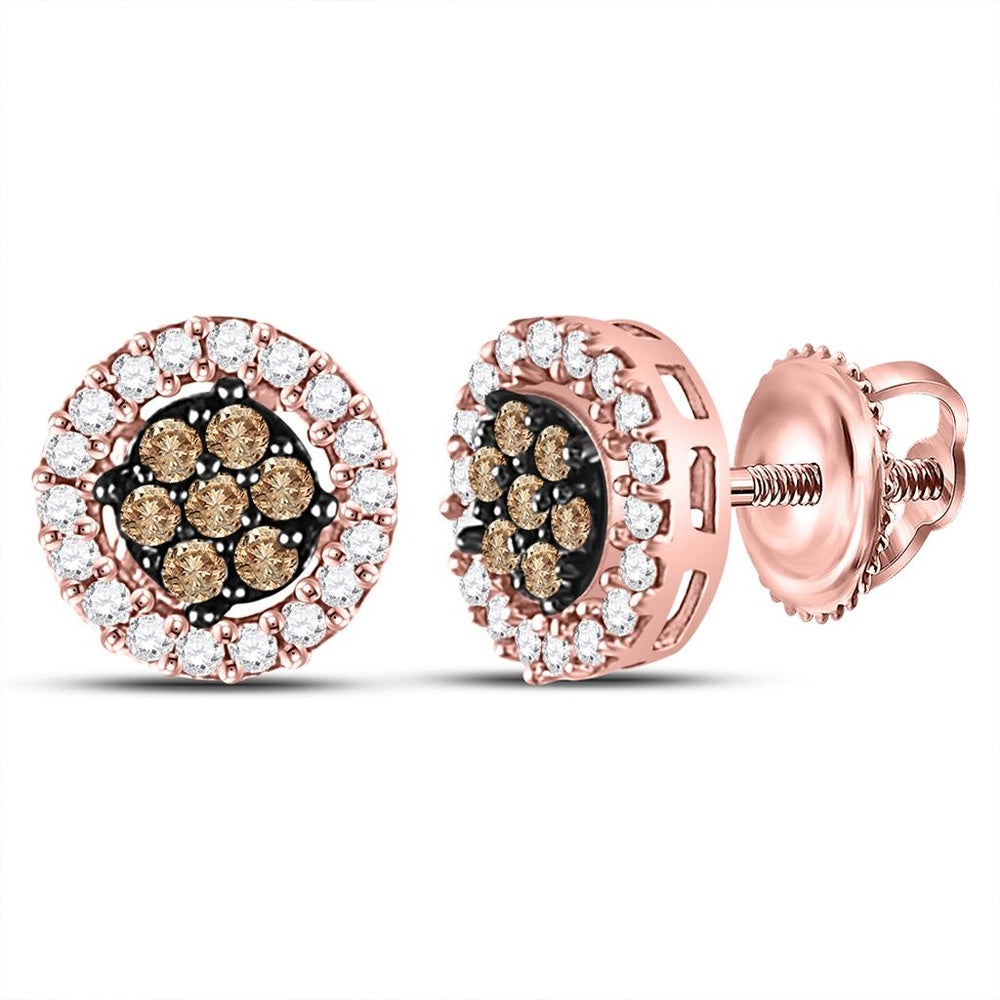 10K Rose Gold Round Brown and White Diamond Stud Earrings - 1/4 Carat Total Diamond Weight