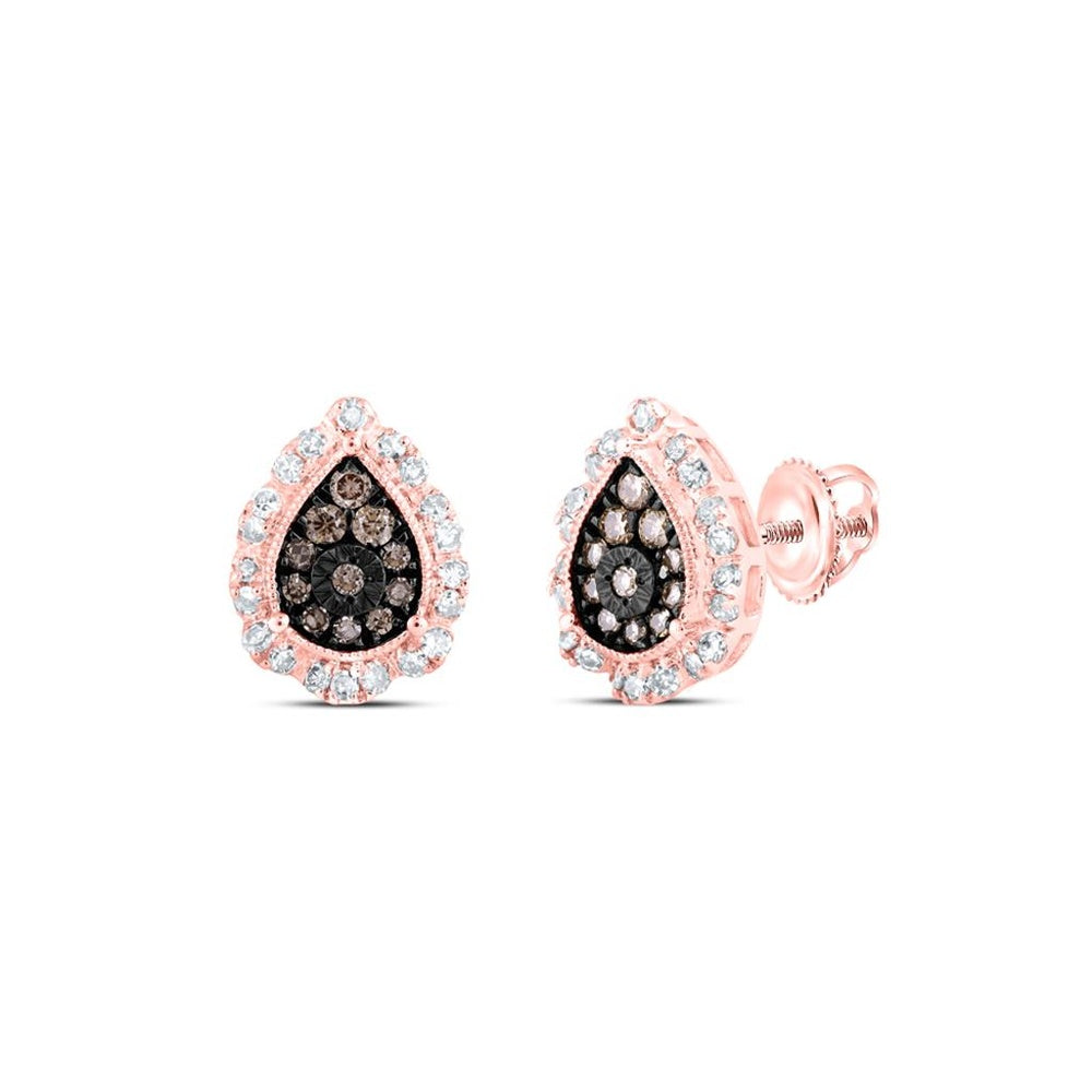10K Rose Gold Round Brown and White Diamond Stud Earrings - 3/8 Carat Total Diamond Weight