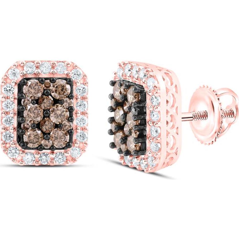10K Rose Gold Round Brown Diamond Cluster Earrings - 3/4 Carat Total Diamond Weight