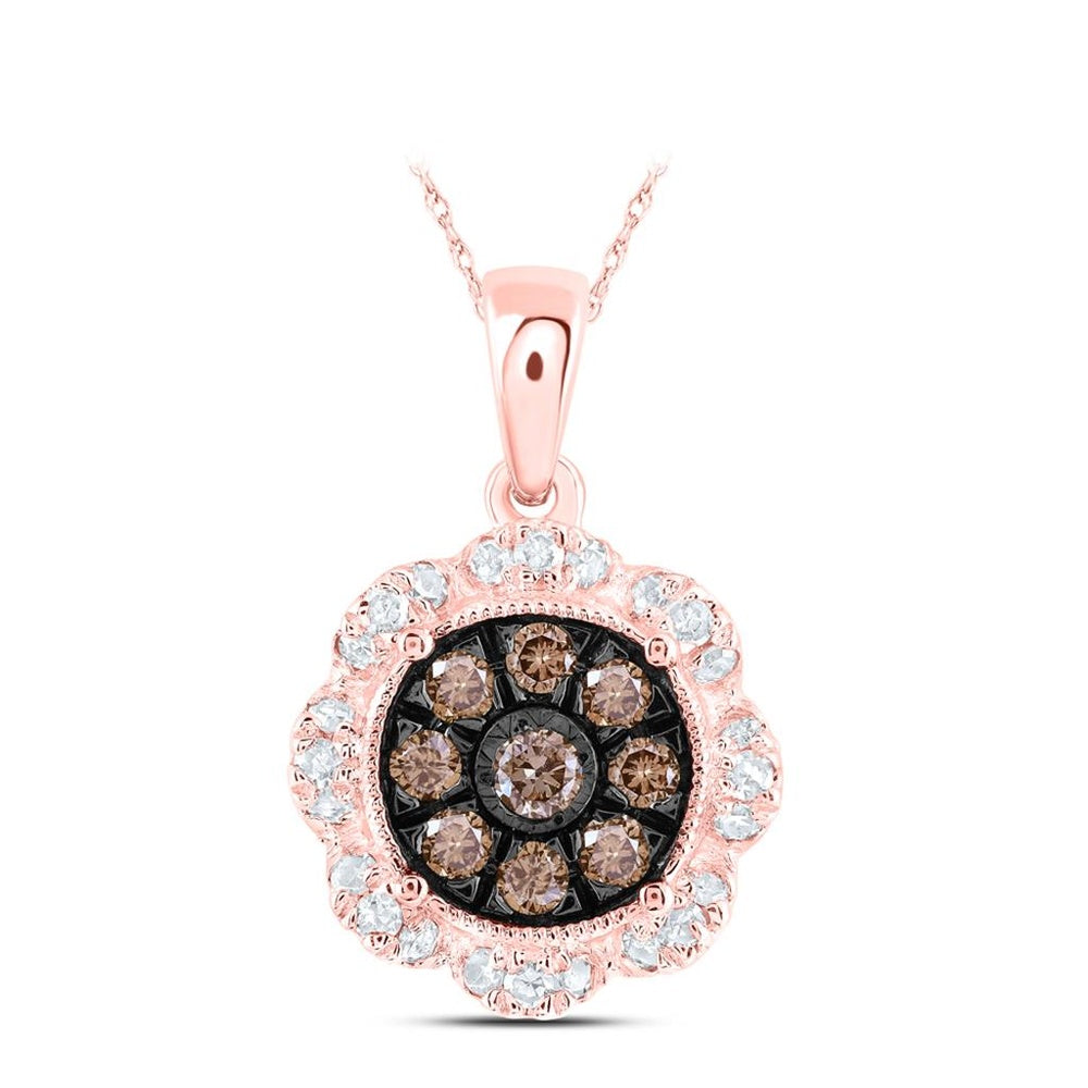 10K Rose Gold Round Brown Diamond Cluster Pendant - 1/3 Carat Total Diamond Weight