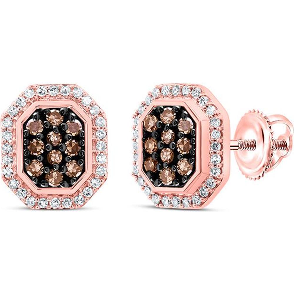 10K Rose Gold Round Brown Diamond Octagon Stud Earrings - 1/4 Carat Total Diamond Weight