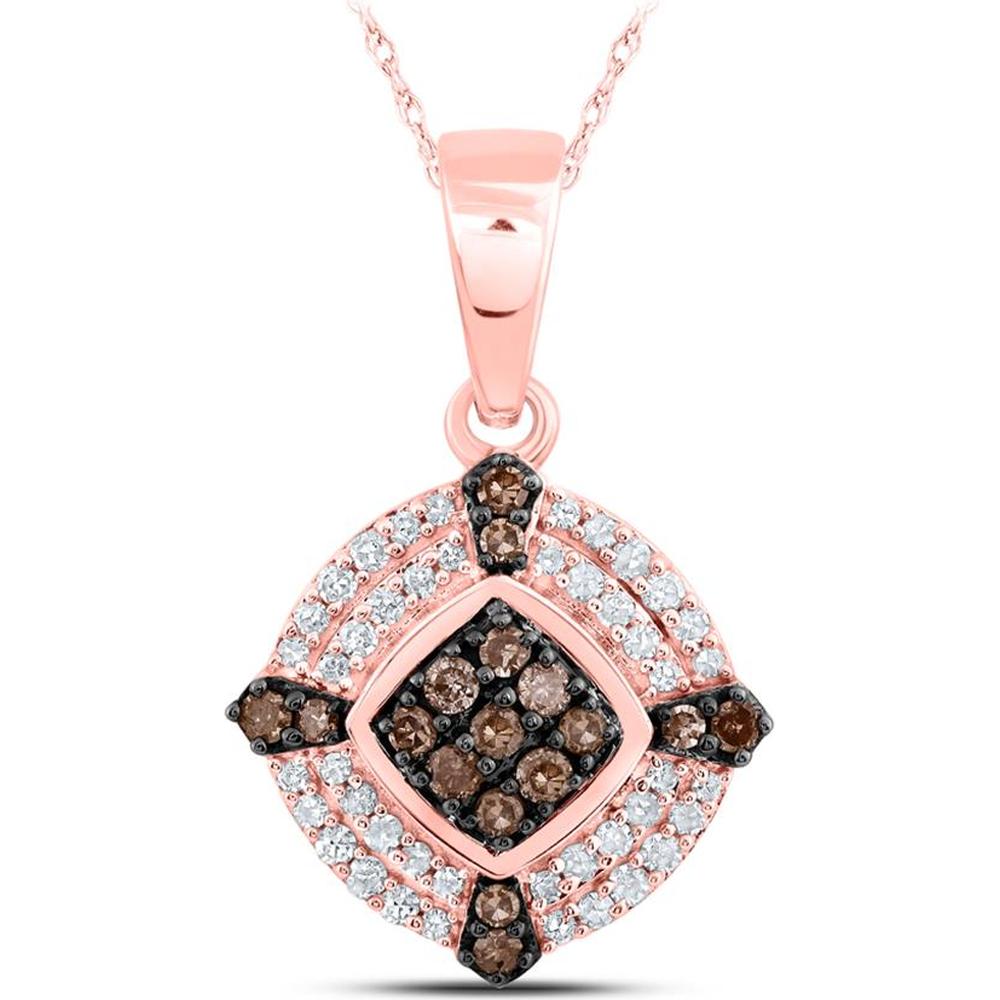 10K Rose Gold Round Brown Diamond Offset Square Pendant with White Diamonds - 1/4 Carat Total Diamond Weight