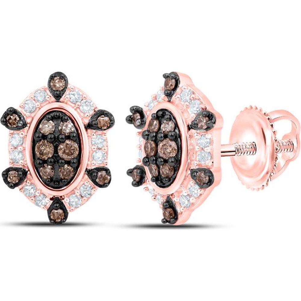 10K Rose Gold Round Brown Diamond Oval Earrings - 1/4 Carat Total Diamond Weight