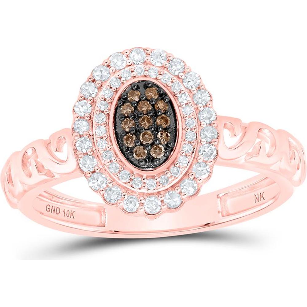 10K Rose Gold Round Brown Diamond Oval Ring with White Diamonds - 1/4 Carat Total Diamond Weight