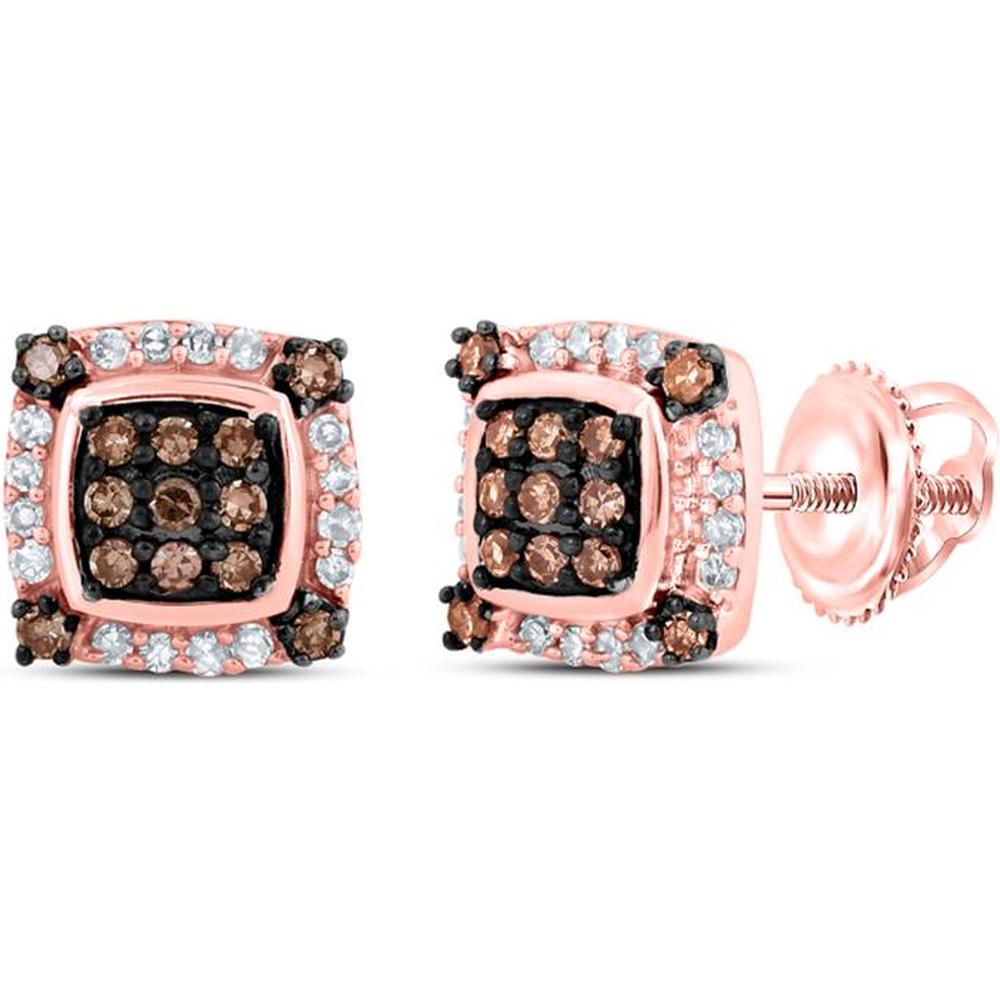 10K Rose Gold Round Brown Diamond Square Earrings with G-H White Diamonds - 1/4 Carat Total Diamond Weight