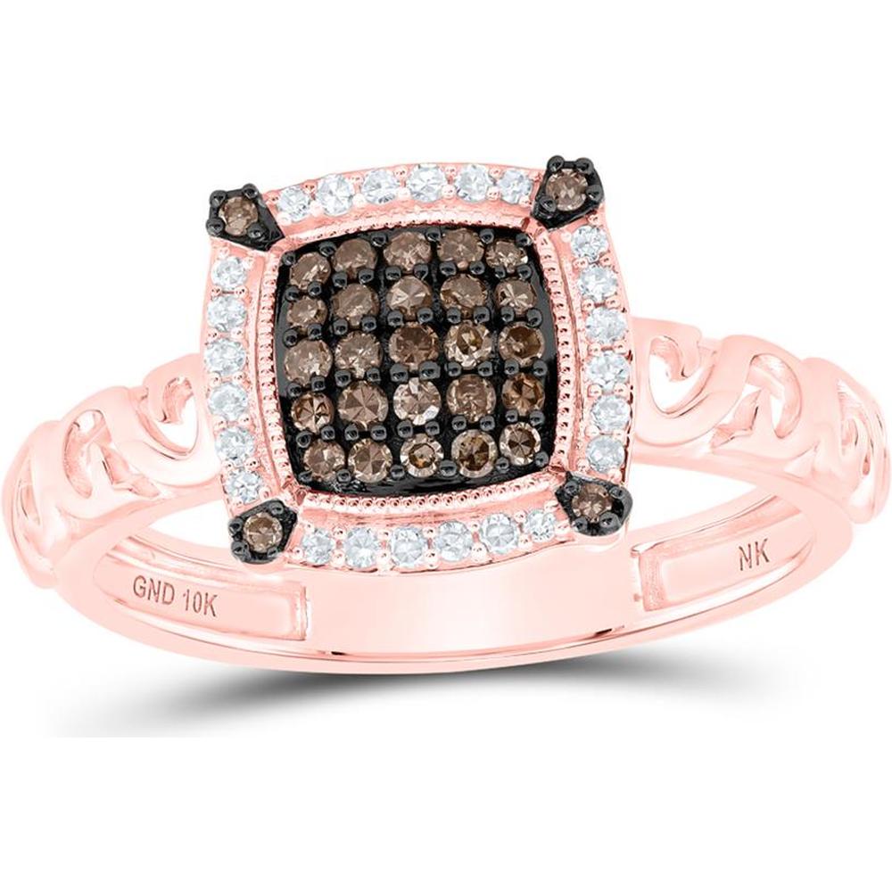 10K Rose Gold Round Brown Diamond Square Ring with White Diamond Accents - 0.26 Carat Total Diamond Weight