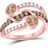10K Rose Gold Round Brown Diamond Strand Band Ring with 1 Carat Total Weight, Featuring Brown and White Diamonds