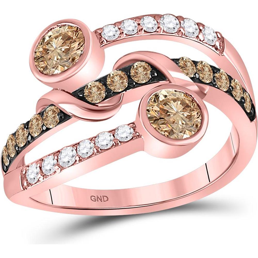 10K Rose Gold Round Brown Diamond Strand Band Ring with 1 Carat Total Weight, Featuring Brown and White Diamonds