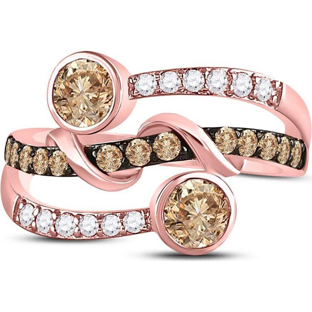 10K Rose Gold Round Brown Diamond Strand Band Ring with 1 Carat Total Weight, Featuring Brown and White Diamonds