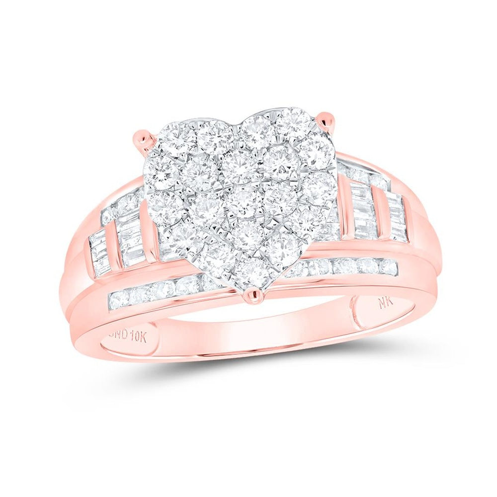 10K Rose Gold Round Diamond Heart Bridal Engagement Ring - 1 Carat Total Diamond Weight