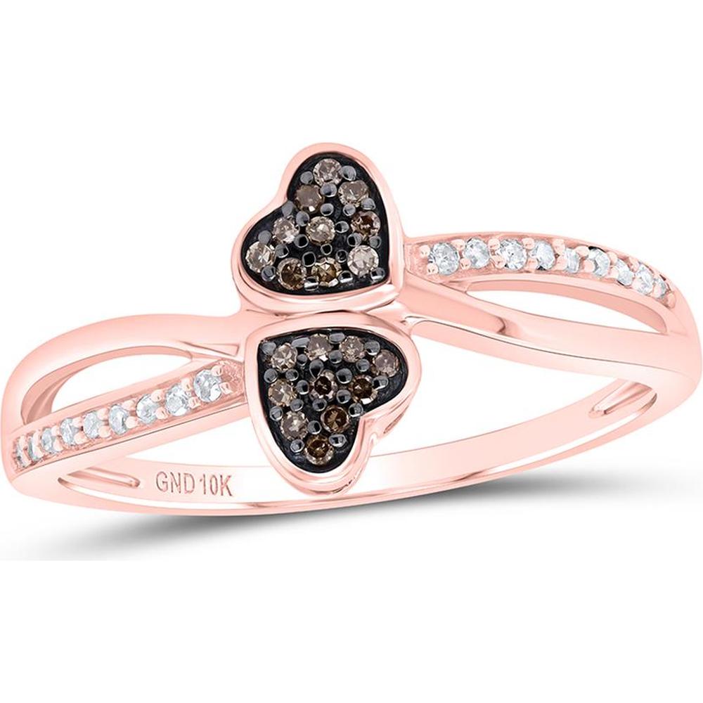10K Rose Gold Split Shank Ring with Pave-Set Brown and White Diamond Hearts - 0.10 Carat Total Diamond Weight