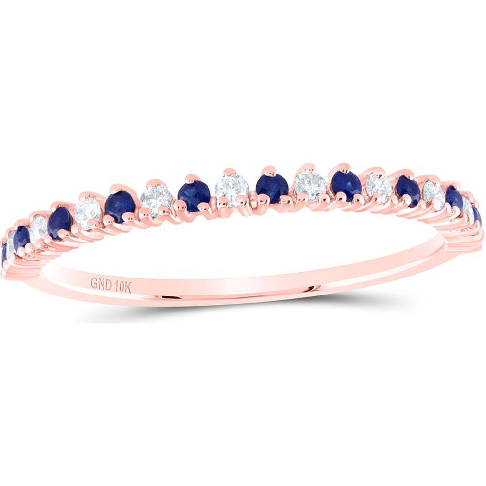 10K Rose Gold Stackable Band Ring with Prong-Set Round Blue Sapphires and Diamonds - 1/5 Carat Total Gemstone Weight