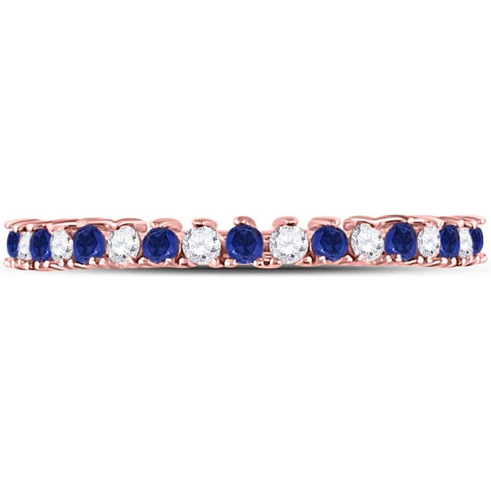 10K Rose Gold Stackable Band Ring with Prong-Set Round Blue Sapphires and Diamonds - 1/5 Carat Total Gemstone Weight
