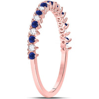 10K Rose Gold Stackable Band Ring with Prong-Set Round Blue Sapphires and Diamonds - 1/5 Carat Total Gemstone Weight