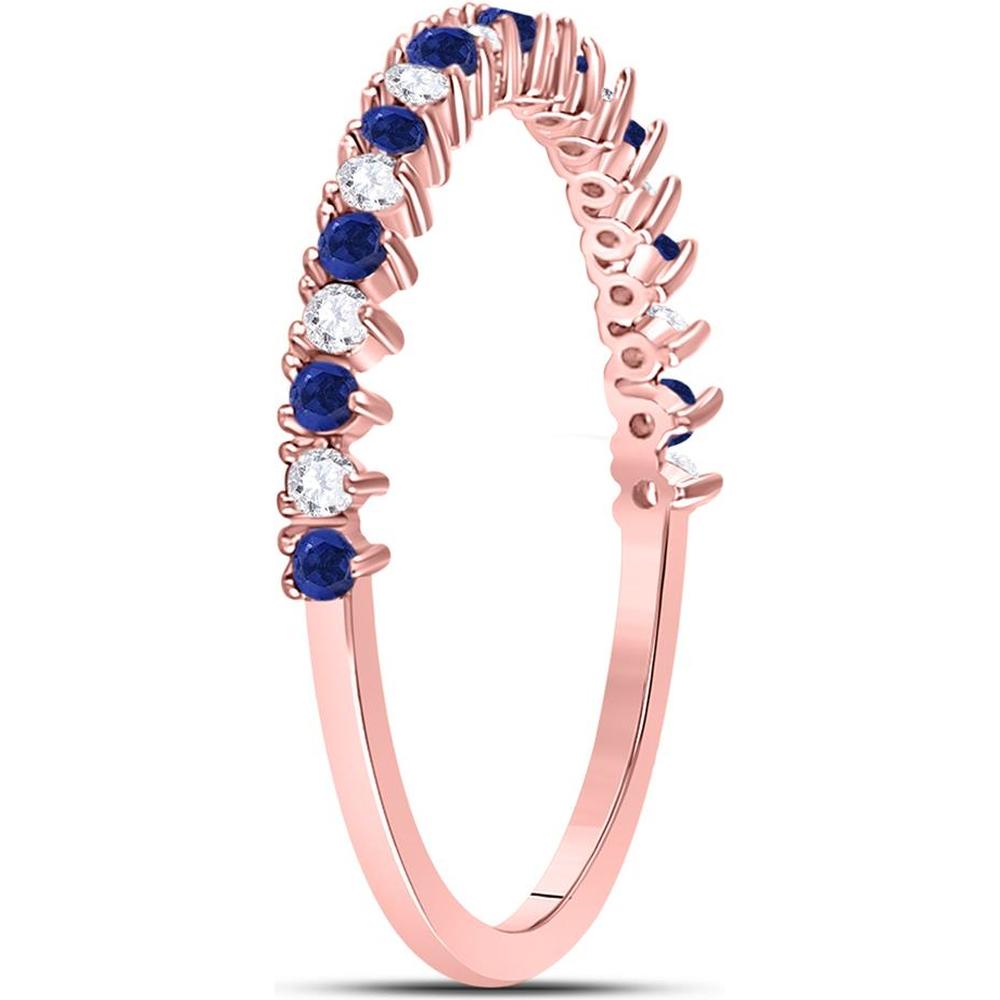 10K Rose Gold Stackable Band Ring with Prong-Set Round Blue Sapphires and Diamonds - 1/5 Carat Total Gemstone Weight