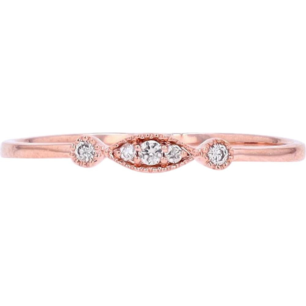 10K Rose Gold Stackable Ring with Milgrain Marquise and Round Diamond Accents - 0.05 Carat Total Diamond Weight