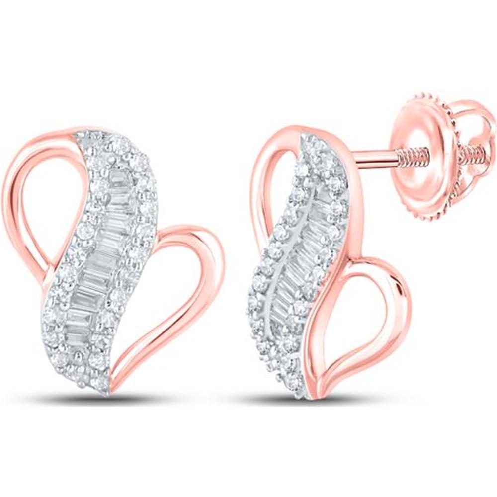 10K Rose Gold Stud Earrings with Channel-Set Baguette and Prong-Set Round Diamonds - 0.22 Carat Total Diamond Weight
