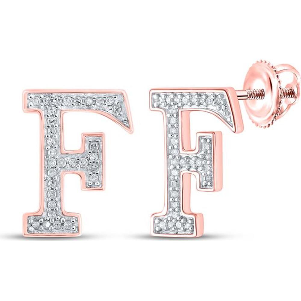 10K Rose Gold Stud Earrings with Prong-Set Round Diamonds in "F" Initial Design - 1/8 Carat Total Diamond Weight