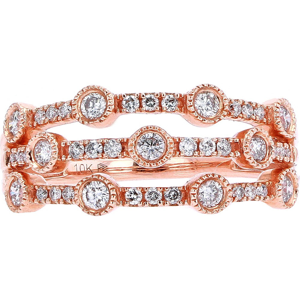 10K Rose Gold Three Row Diamond Band with Bezel and Pave Set Round Diamonds - 1/2 Carat Total Diamond Weight