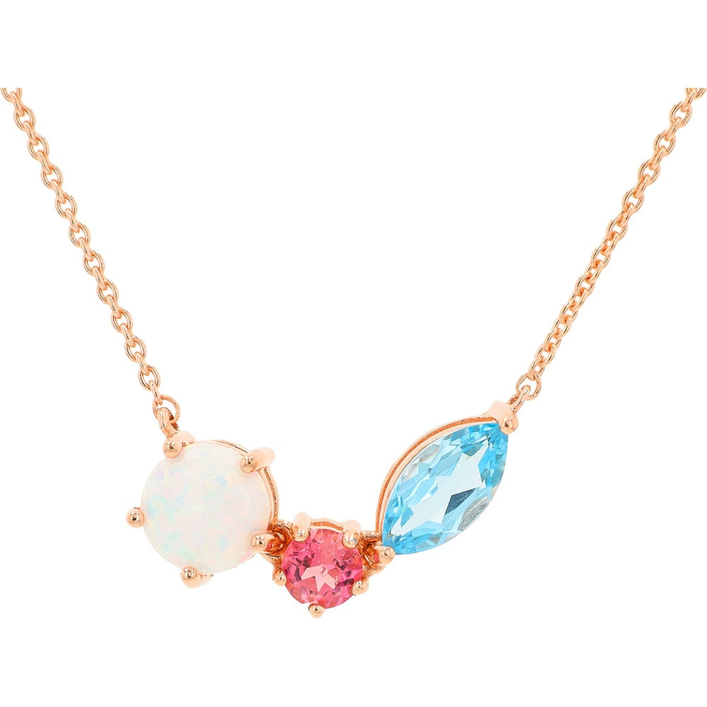 10K Rose Gold Three-Stone Necklace with Round Created Opal, Pink Tourmaline, and Marquise Blue Topaz